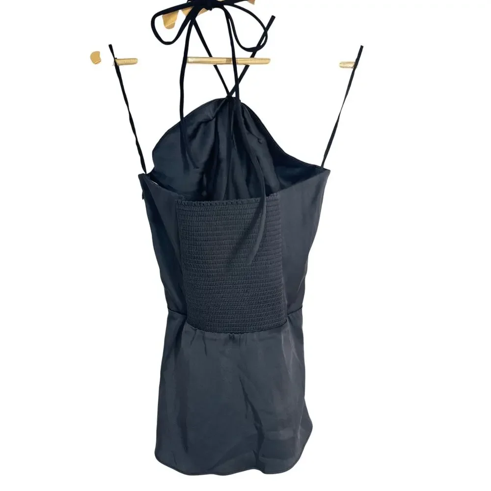 A.L.C. Anita Top Satin Sleeveless Sweetheart Neck Halter Tie Smocked Black 10
